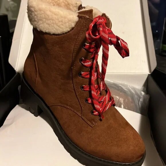 Boots-8 Wide Ankle Bootie Hiking Hiker Brown Faux Suede Fur Zip Shoe Lane Bryant - Picture 2 of 3